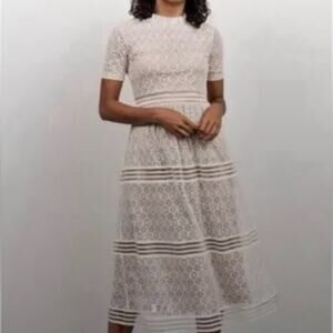 Baltic Born Windsor Lace Midi Dress Tiered Large Neutral Preppy Fairy Tan White